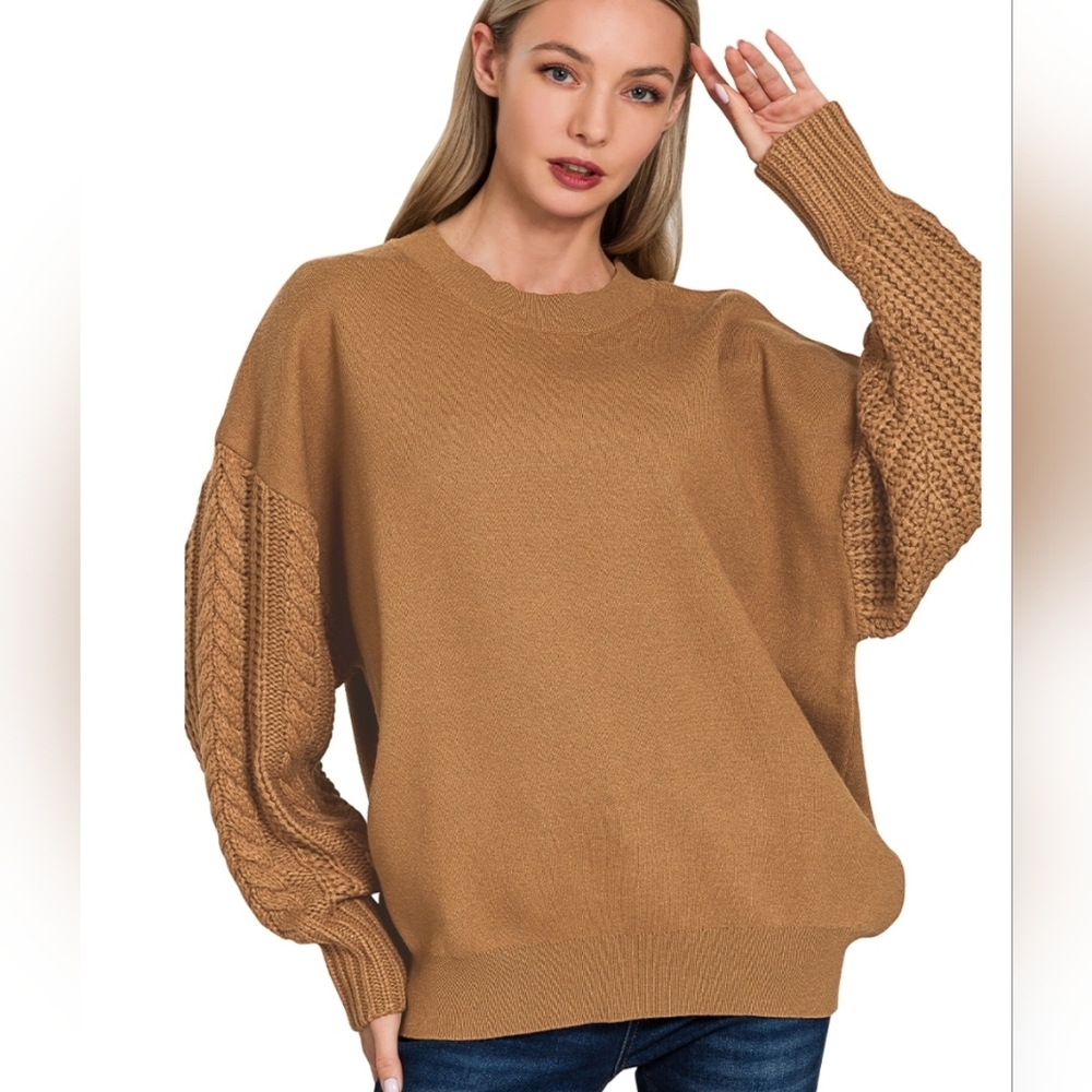 💥HP💥 NEW Zenana Cable Knit Sleeve Round Neck Sweater ~ Deep Camel ~ Oversized